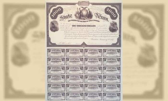 24 कूपन वाला अमेरिका के टेक्सस राज्य का एक बॉन्ड. ये 1867 में इश्यू किया गया था. (तस्वीर: galleryoftherepublic.com)
