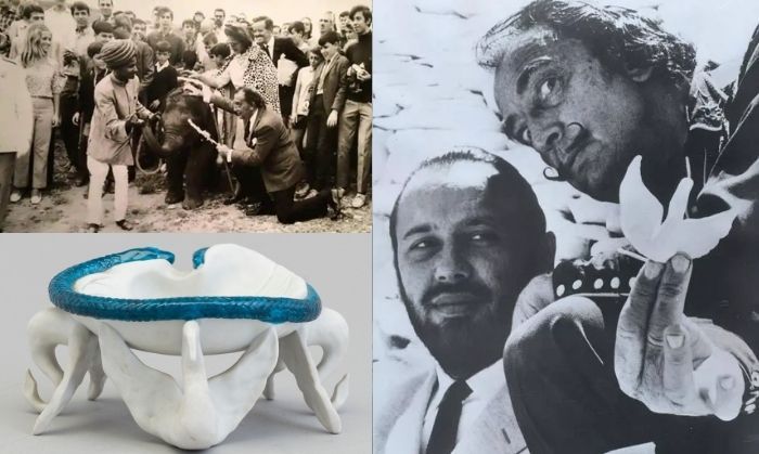 ऊपर बाएं: सल्वाडोर डाली को भेजा जाने वाला हाथी. नीचे बाएं: सल्वाडोर डाली का एशट्रे. दाएं: सल्वाडोर डाली अपने बनाए हुए एशट्रे के साथ. (तस्वीरें: air-india-first-flight-covers.com)