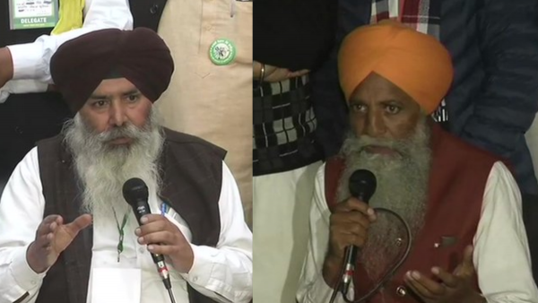 मीडिया के सामने अपनी बात रखते किसान नेता कमलप्रीत सिंह बाएं और गुरनाम सिंह दाएं. फोटो साभार ANI Kisan Neta