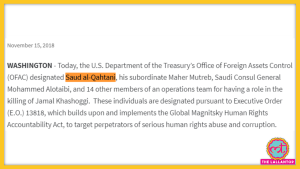 Treasury Department Sanctions On Qahtan