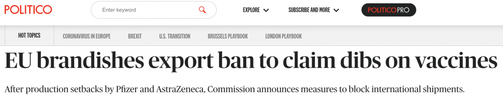 EU कोरोना वैक्सीन के निर्यात पर प्रतिबंध लगाने पर विचार कर रहा है.