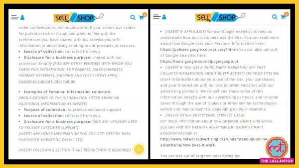 SellShop की कॉपी-पेस्ट वाली Privacy Policy. Lt Fake Privacy Policy