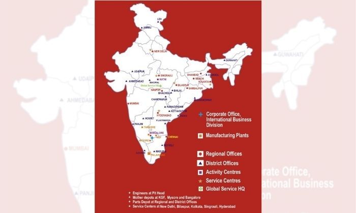 भारत का नक़्शा, जो दर्शाता है कि BEML के कहां-कहां पर कॉर्परेट ऑफ़िस हैं, मैन्यूफ़ैक्चरिंग यूनिट्स हैं, वग़ैरह-वग़ैरह. (तस्वीर: bemlindia.in)