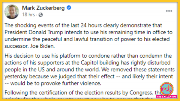 Mark Zuckerberg Trump Ban Post