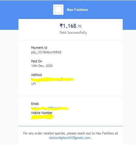 जाली Max Fashion पर ऑर्डर करने पर मिली हुई रिसीट. Max Fashions Fake Order Confirmation