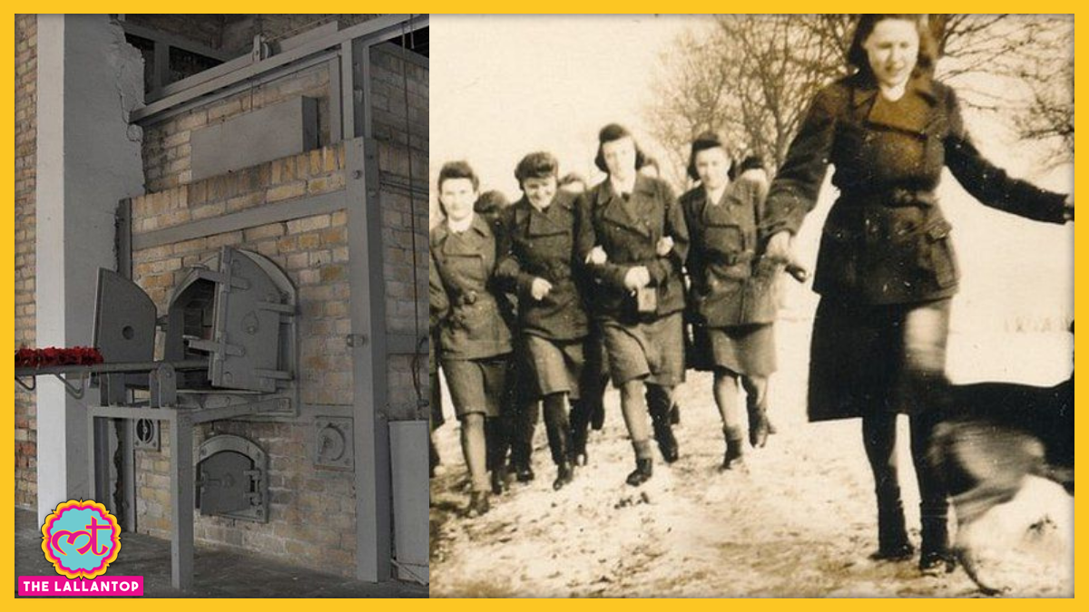 बाएं से दाएं. Ravensbruck Camp में जहरीली गैस से कैदी महिलाओं को मारने का चैंबर. कैंप की नाजी गार्ड्स महिलाएं. 