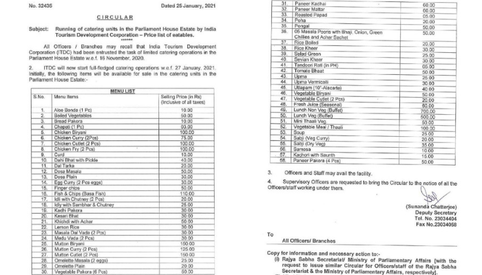 Parliament Canteen Rate List 2021