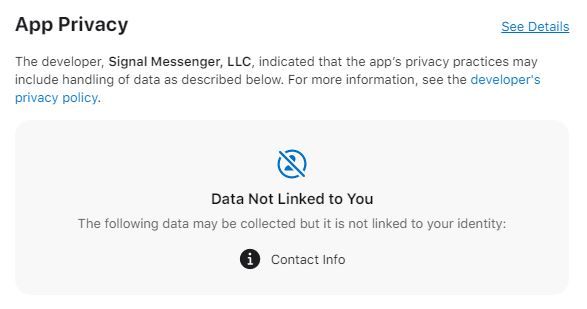 ऐपल ऐप स्टोर पर Signal की ऐप प्राइवसी. Signal Privacy