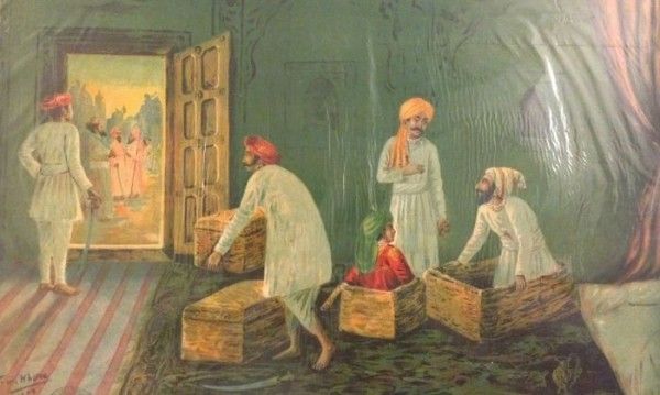 शिवाजी और संभाजी फलों की टोकरी में छुपते हुए (तस्वीर: Wikimedia) Untitled Design (5)