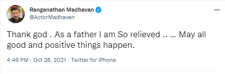 ट्वीट स्क्रीनशॉट - आर माधवन 