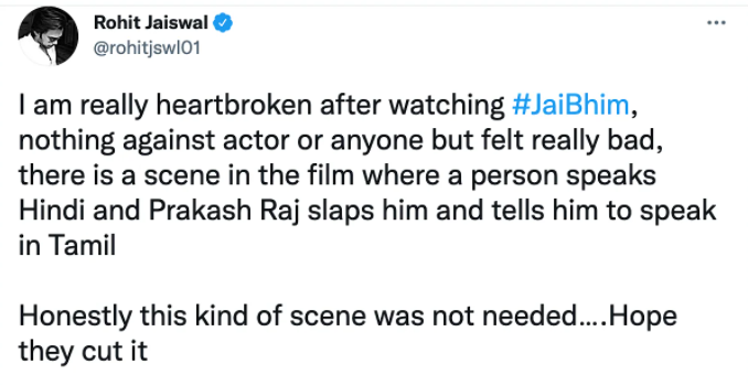 थप्पड़ वाले सीन की फिल्म में ज़रूरत नहीं होने की बात कहने यूज़र के ट्वीट का स्क्रीनग्रैब.