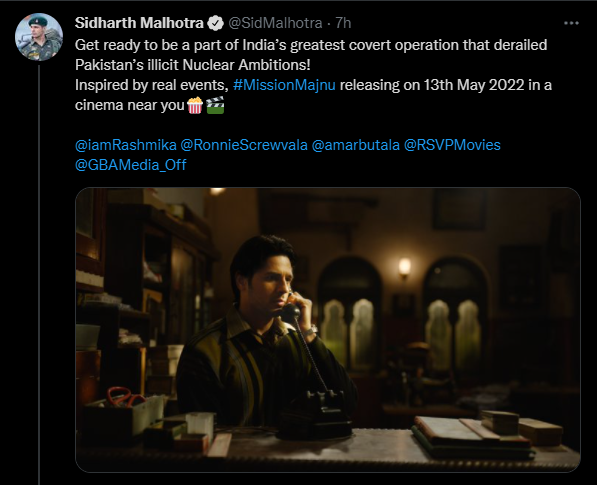 फिल्म मिशन मजनू की रिलीज़ डेट अनाउंसमेंट ट्वीट का स्क्रीनग्रैब. फिल्म मिशन मजनू की रिलीज़ डेट अनाउंसमेंट ट्वीट का स्क्रीनग्रैब.