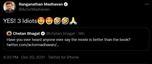 आर. माधवन के ट्वीट का स्क्रीनग्रैब.