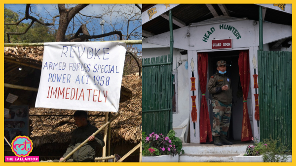 बाएं से दाएं. Nagaland के एक कस्बे में AFSPA को हटाने की मांग करते हुए लगाया गया एक पोस्टर और एक आर्मी कैंप के बाहर भारतीय सेना का जवान. (फोटो: PTI/AP)