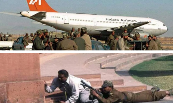 कंधार में खड़ा भारतीय हवाई जहाज, और संसद पर हमले के दौरान पोजीशन लिए हुए सुरक्षाकर्मी (फोटो सोर्स -आज तक) कंधार में खड़ा भारतीय हवाई जहाज, और संसद पर हमले के दौरान पोजीशन लिए हुए सुरक्षाकर्मी (फोटो सोर्स -आज तक)