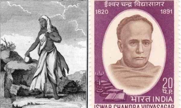 पियरे सोननेरट (1748-1814) की एक पेंटिंग में एक भारतीय विधवा का चित्रण और भारत सरकार द्वारा जारी किया गया ईश्वर चंद्र विद्यासागर स्टाम्प (तस्वीर: Wikimedia Commons) Untitled Design (4)