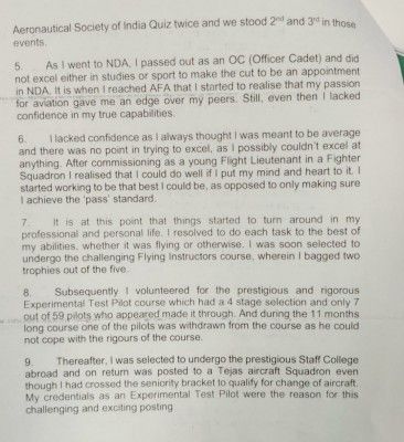 Group Captain Varun Singh के पत्र का हिस्सा. (फोटो: ट्विटर)