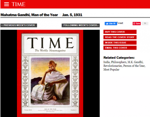 Time Magazine की वेबसाइट पर मिली कवर फोटो का स्क्रीनशॉट Gandhi Time Magazine