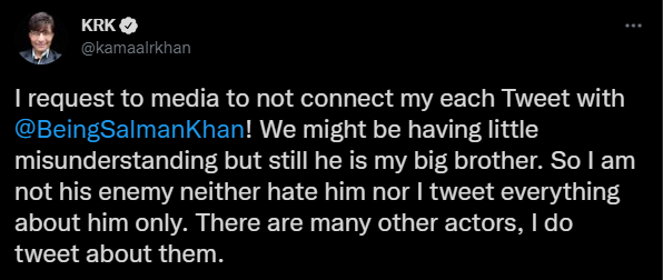 KRK के भाइचारे वाले ट्वीट का स्क्रीनग्रैब.
