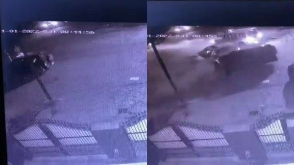 बाएं से दाएं: तिराहे पर खड़ी पुलिस की कार, पुलिस की कार को टक्कर मारती तेज रफ्तार कार बाएं से दाएं: तिराहे पर खड़ी पुलिस की कार, पुलिस की कार को टक्कर मारती तेज रफ्तार कार