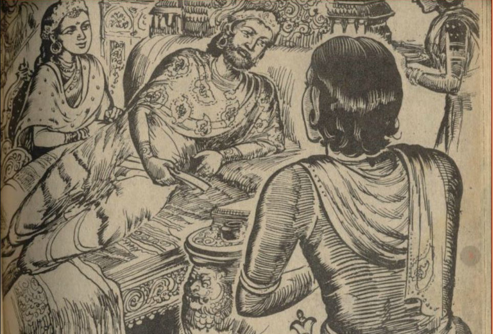 बीमार सम्राट सुंदर चोल. कल्कि के नॉवल के लिए ये पेंटिंग मनियन ने बनाए थे. 