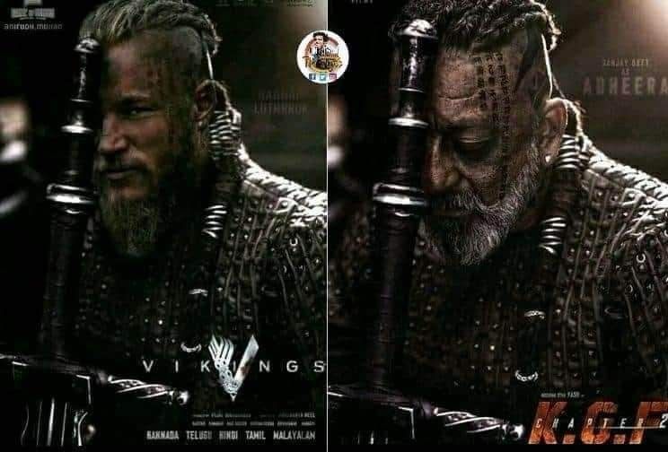 पहली तस्वीर पॉपुलर सीरीज़ 'वाइकिंग्स' के कैरेक्टर रैगनॉक लोथब्रोक की. दूसरी तरफ 'KGF 2' से संजय दत्त के किरदार अधीरा का लुक. सोशल मीडिया पर लोग कह रहे हैं कि फिल्म के मेकर्स ने वाइकिंग्स के पोस्टर को कॉपी किया है.